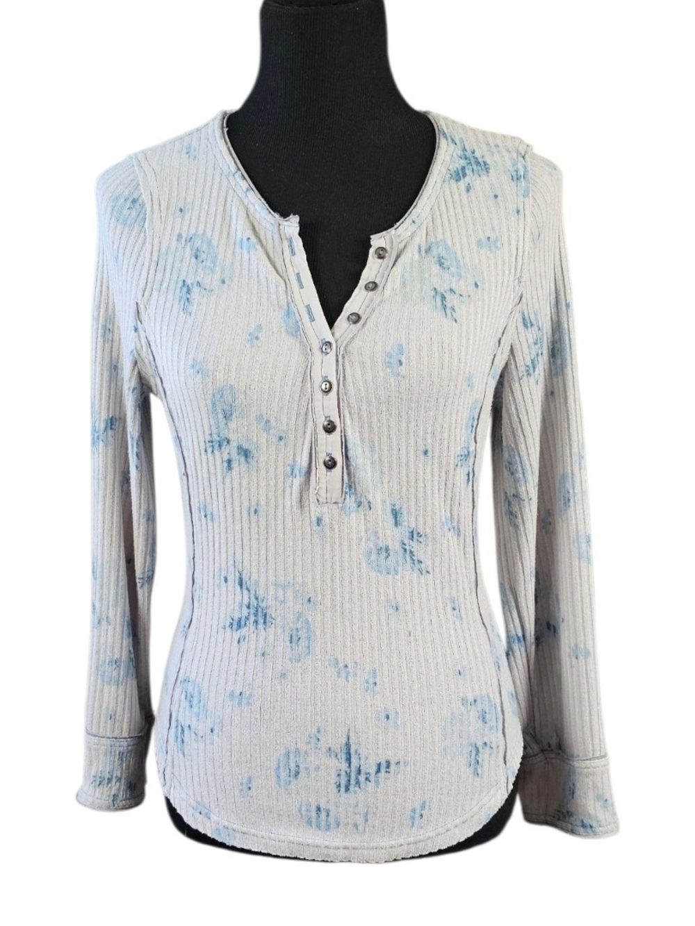 Free People Layer Me Floral Ribbed Henley Top Blue Rose Long Sleeve Medium